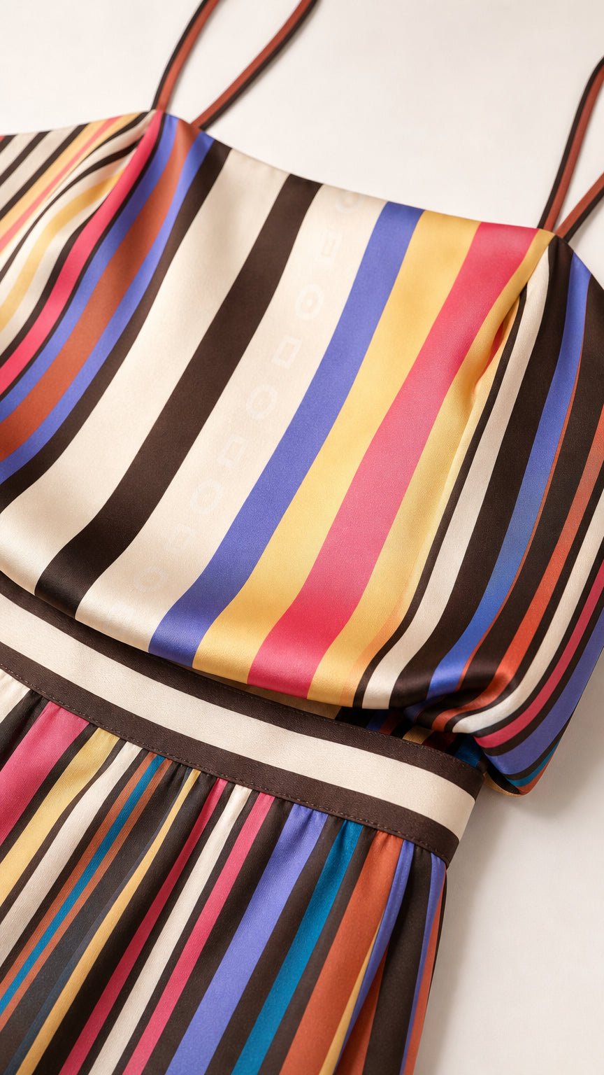 Close-up detail of smooth satin striped fabric, defined waistband, and delicate straps