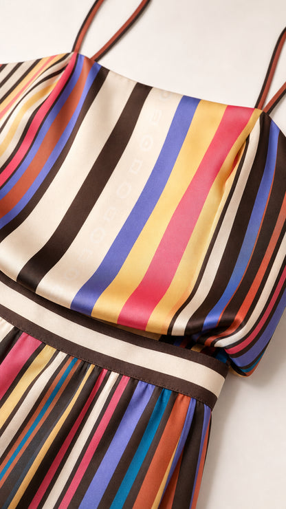 Close-up detail of smooth satin striped fabric, defined waistband, and delicate straps