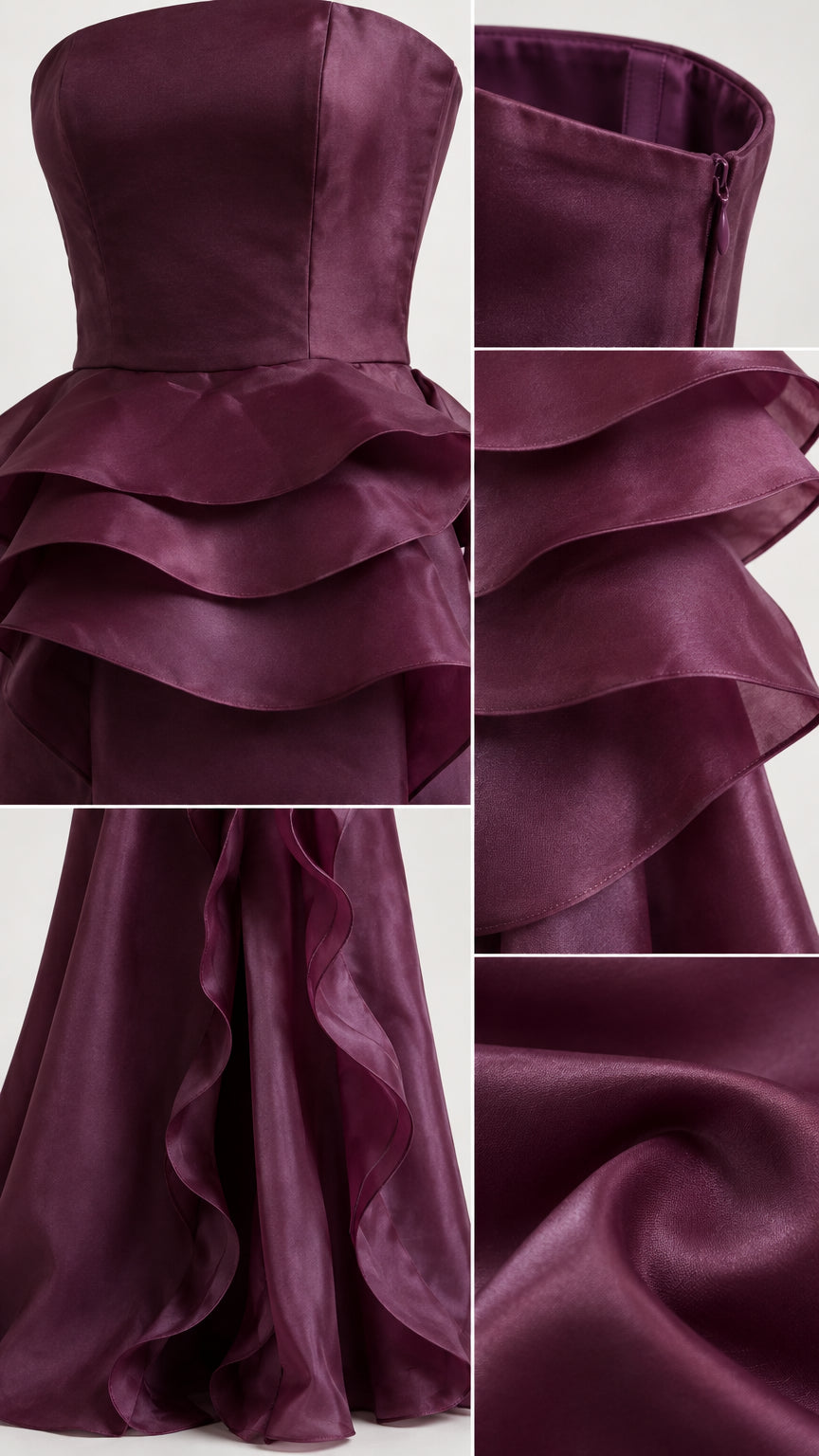 Close-up details of Burgundy strapless bodice, tiered ruffles, zipper, and fabric texture