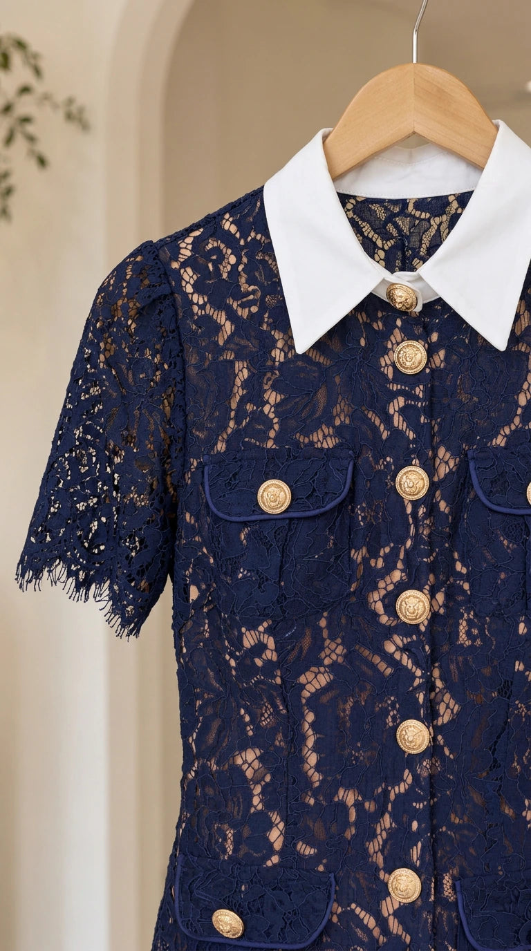 Close-up detail of Navy floral lace, white shirt collar, gold buttons, and flap pocket