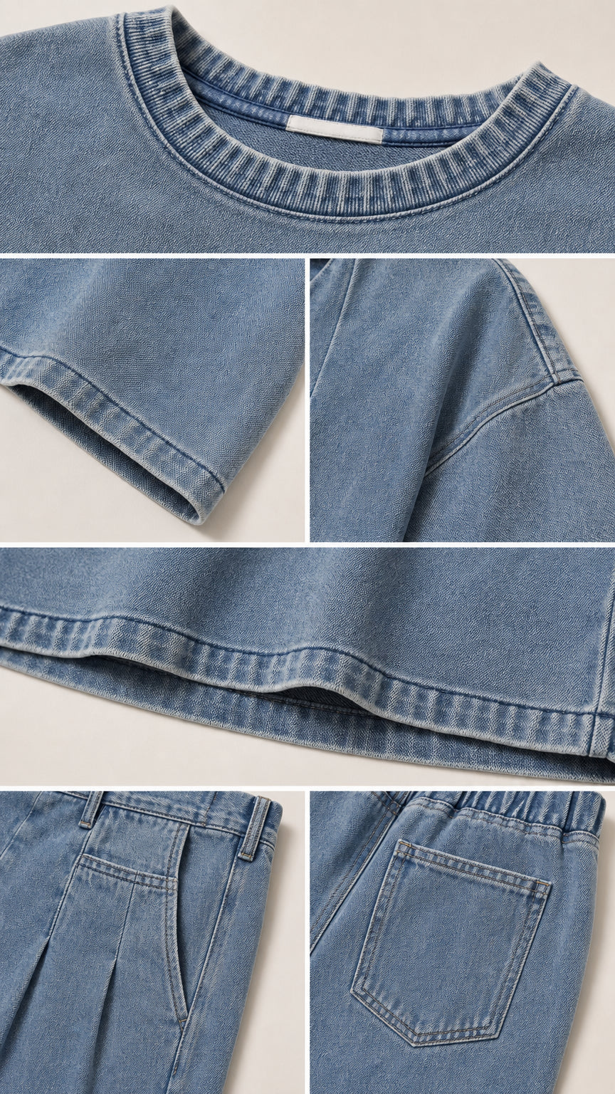 Close-up details of ribbed neckline, sleeve cuff, hem stitching, front pleats, and back pocket in Washed Blue