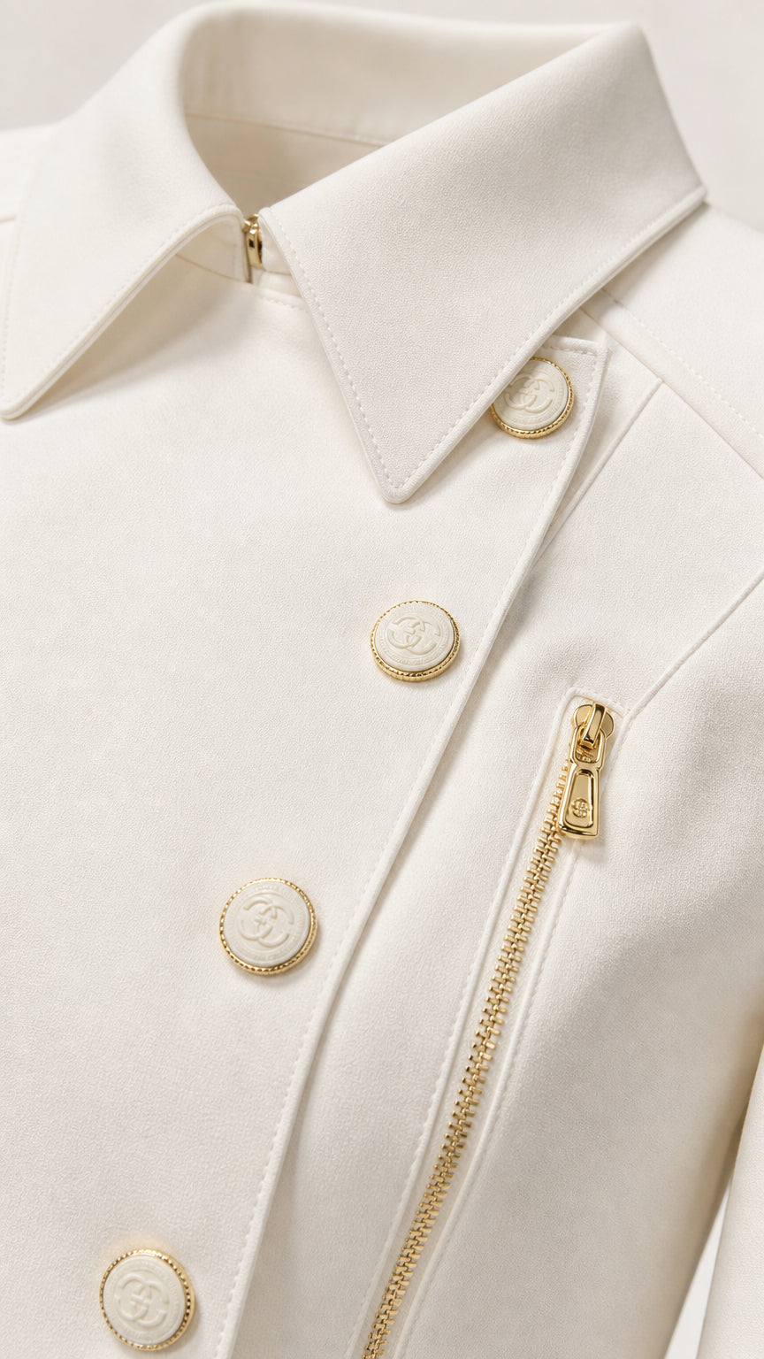 Close-up detail of white suit collar, embossed gold crest buttons, and gold zipper accent