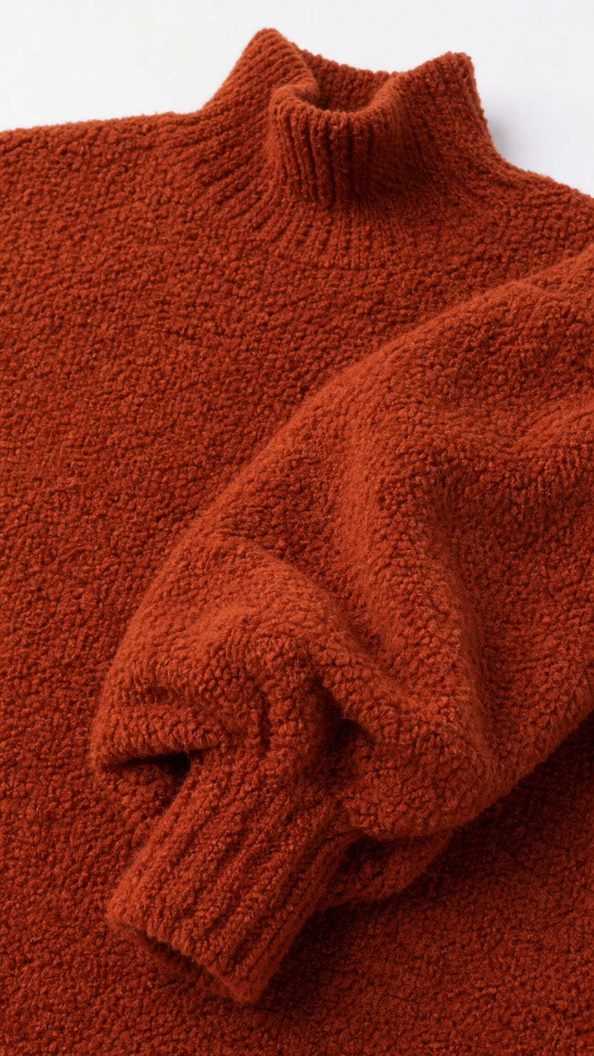Close-up detail of textured Rust knit mock neckline and ribbed cuff sleeve