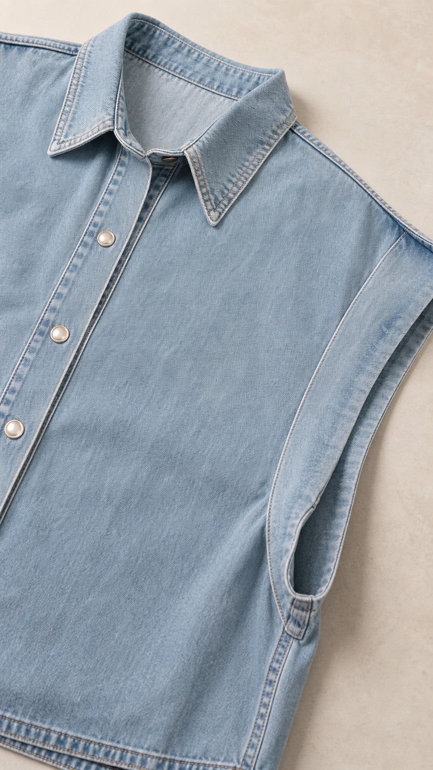 Close-up detail of collar, button placket, and sleeveless armhole stitching on Light Blue denim vest