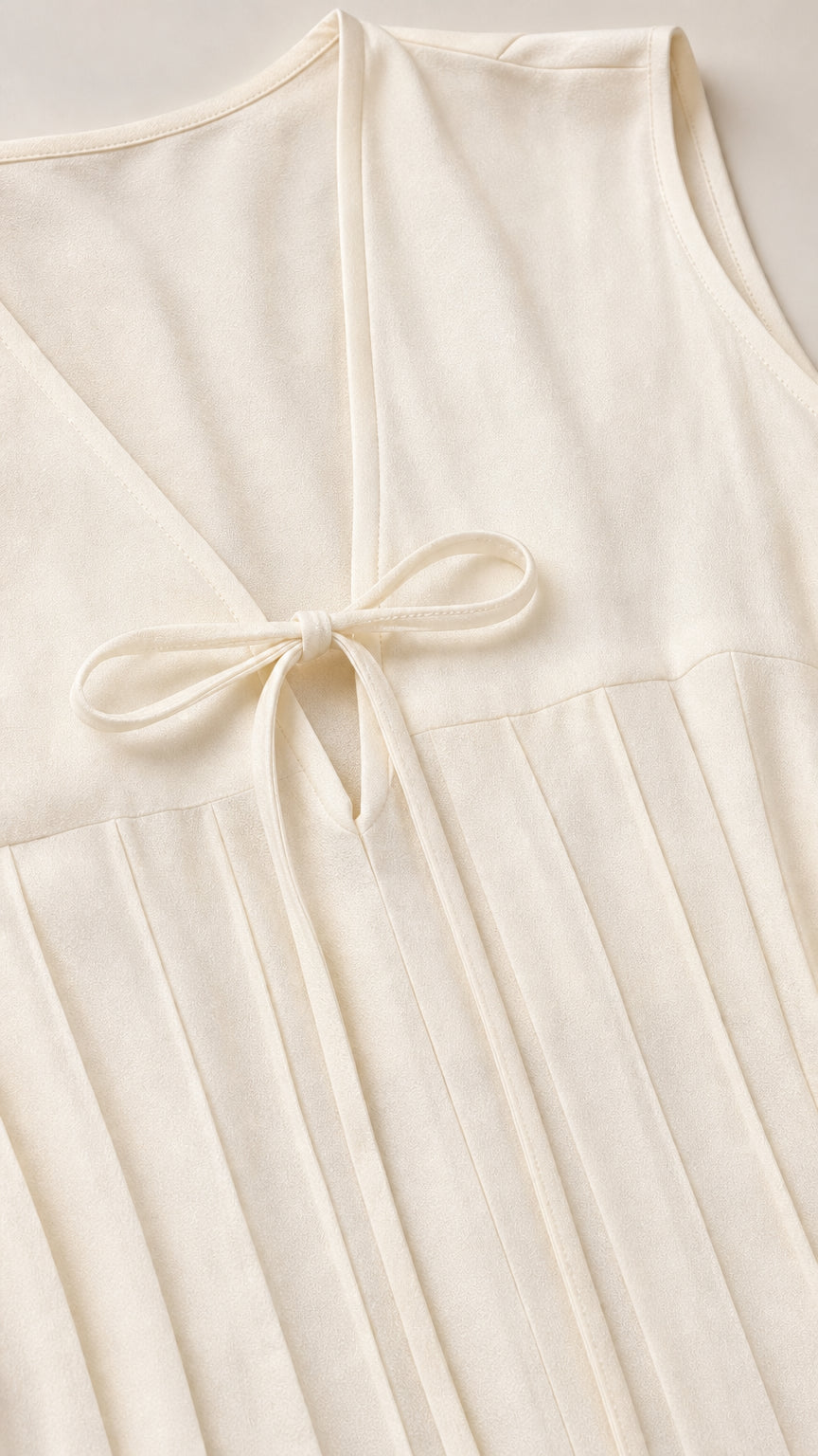 Close-up detail of V-neck tie bow and vertical bodice pleating on Cream dress