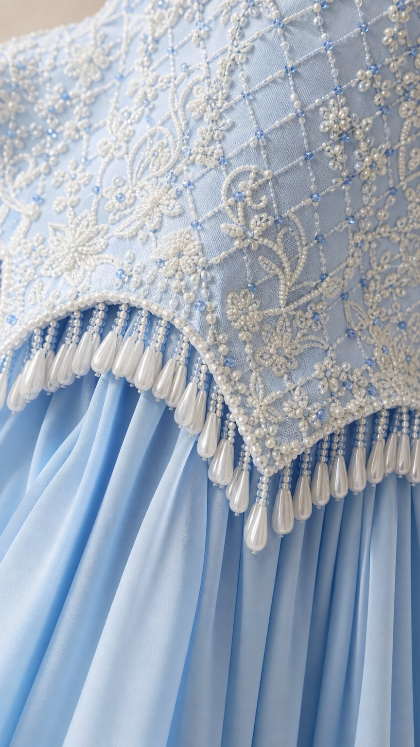 Close-up detail of light blue embroidered bodice with pearl and bead fringe tassels