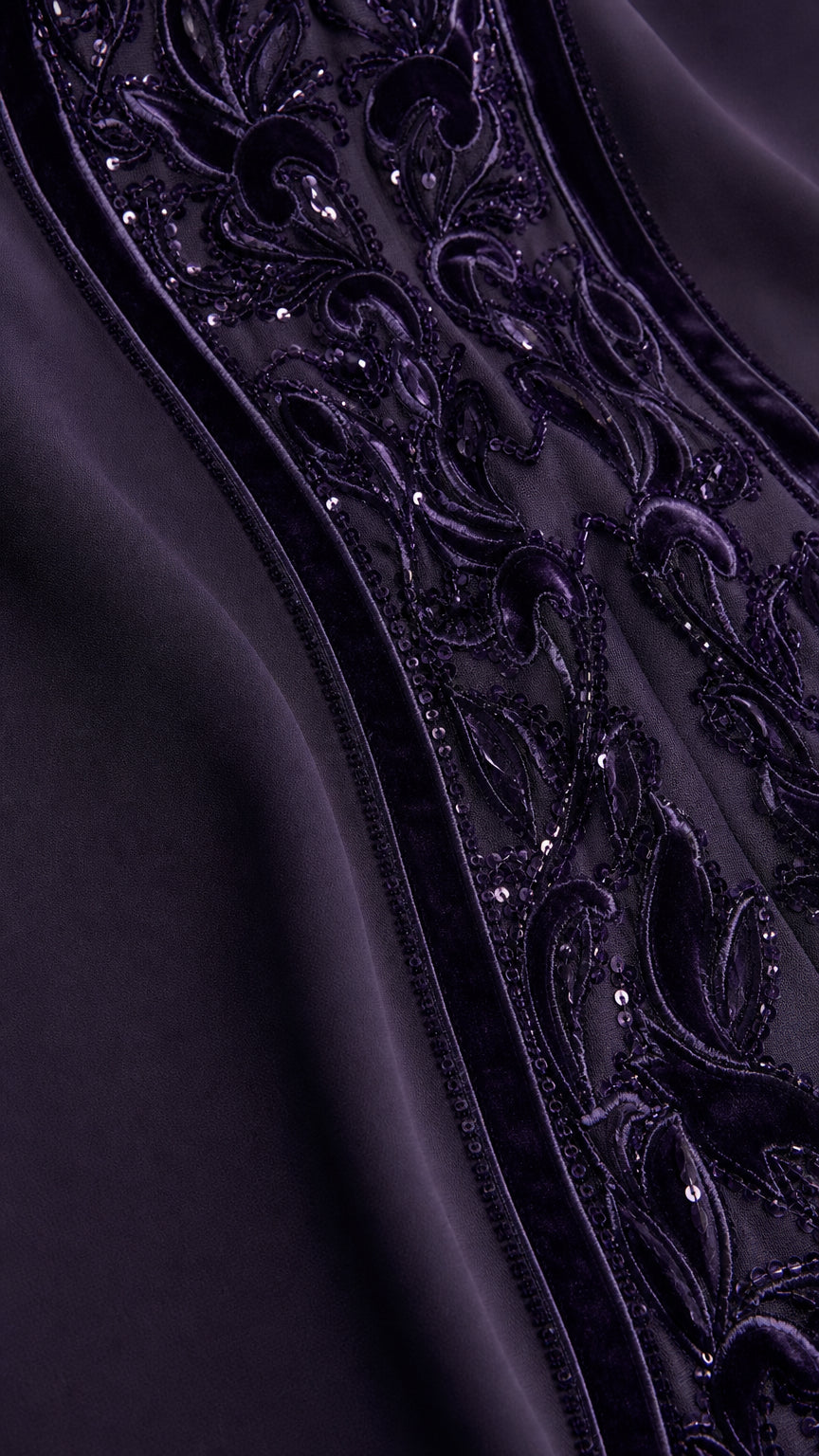 Close-up of intricate velvet scroll embroidery and sequin details on Deep Plum gown