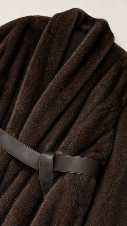 Close-up detail of plush dark brown faux fur texture and contrast waist belt