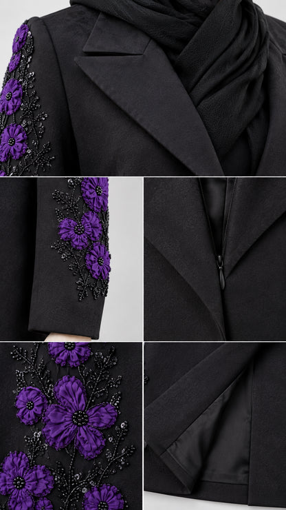 Close-up details of 3D purple flower appliques, delicate beading, lapel, and concealed closure