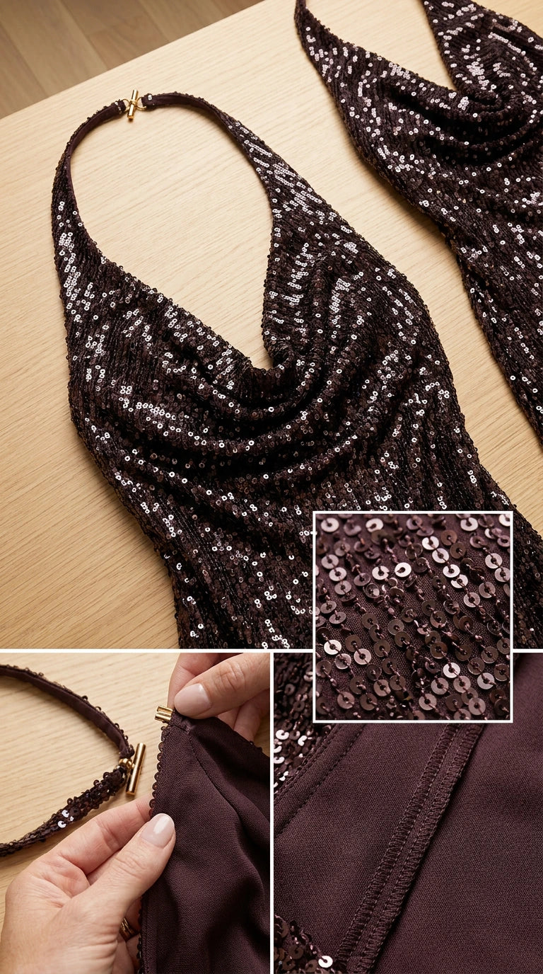 Close-up details of sequin fabric texture, halter closure, and soft inner lining