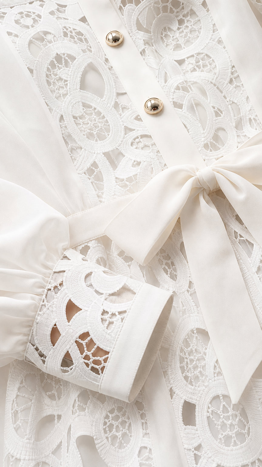 Close-up detail of white embroidered lace pattern, gold-rimmed buttons, and cuffs