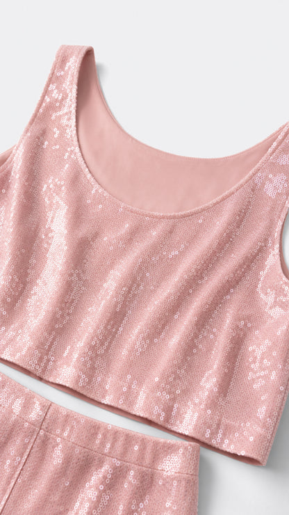Close-up detail of scoop neck sequin crop top with smooth inner lining