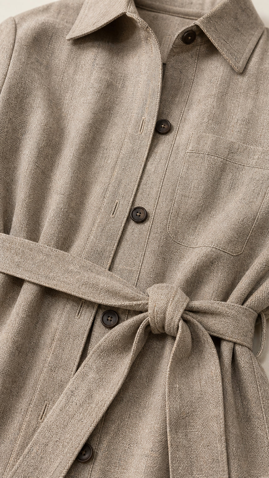 Close-up detail of textured fabric, buttons, and self-tie waist belt on oatmeal jacket