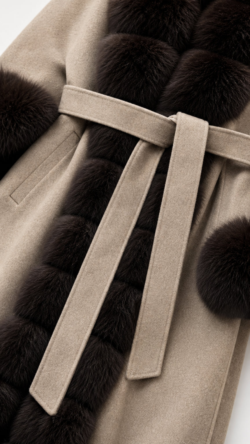 Close-up detail of plush faux fur trim, matching belt, and wool-like coat fabric
