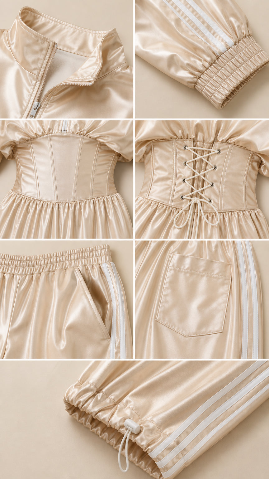 Close-up details of neckline zipper, striped cuffs, corset stitching, back pocket, and hem toggle