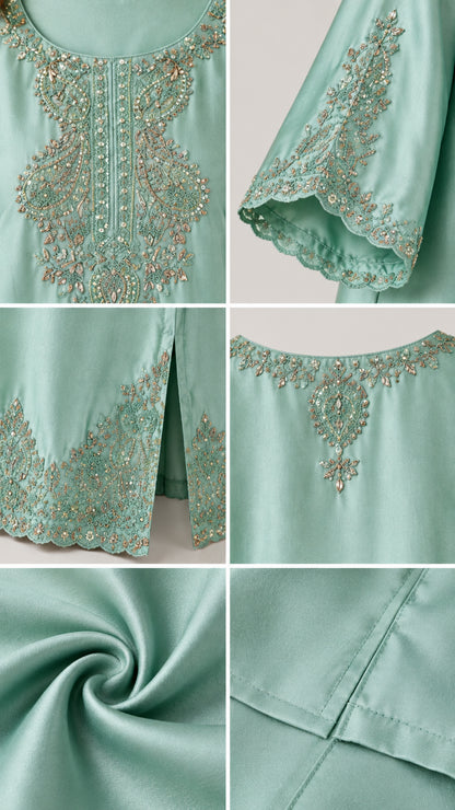 Close-up details of intricate beadwork, embroidered hem, and satin fabric texture