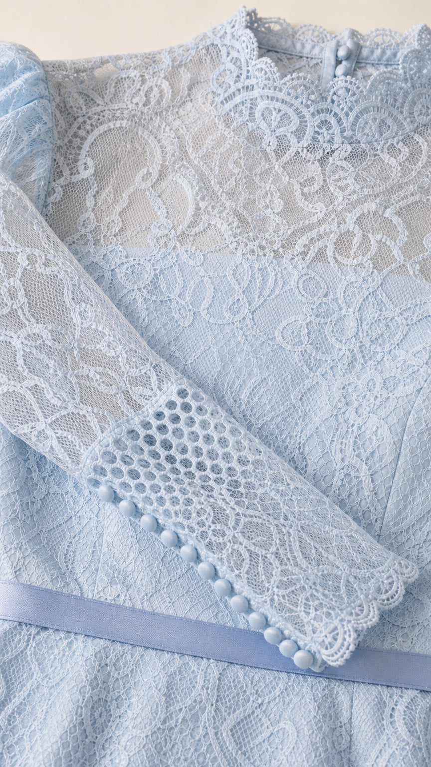 Close-up detail of sheer lace neckline and buttoned sleeve cuffs