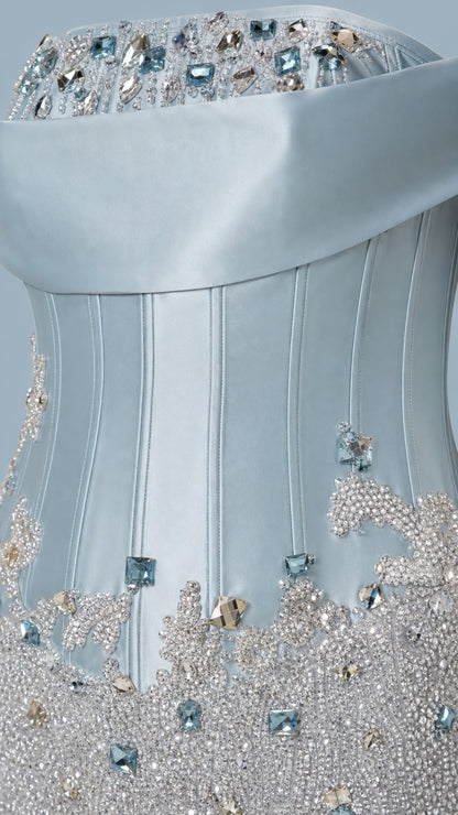 Close-up detail of Ice Blue satin corset boning and crystal bead embellishments