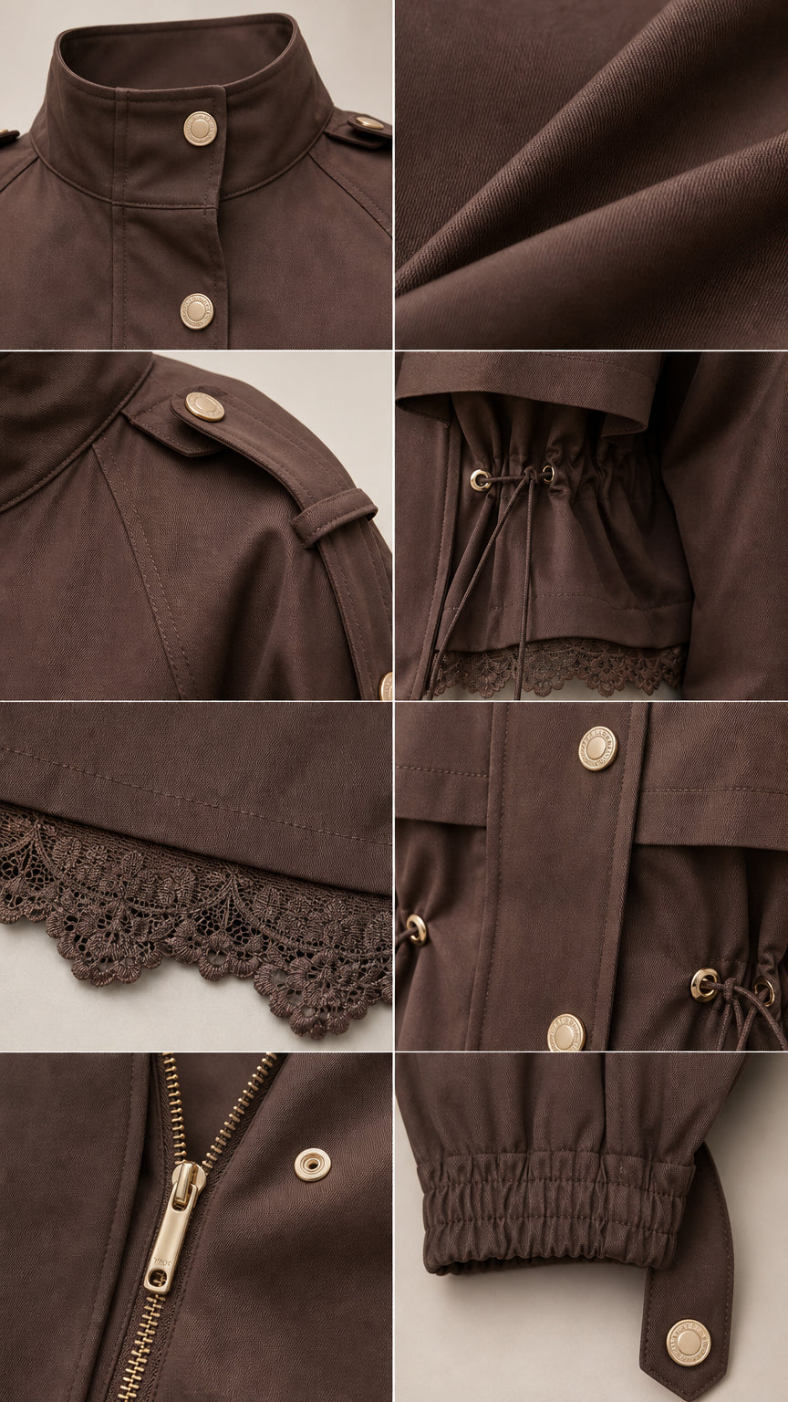Detail collage showing fabric texture, snap collar, drawstring waist, lace trim, and gold zipper