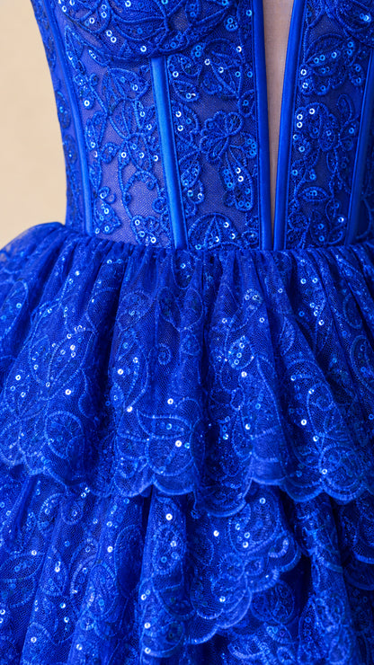 Close-up detail of Royal Blue sequin floral lace and boned corset bodice with mesh insert