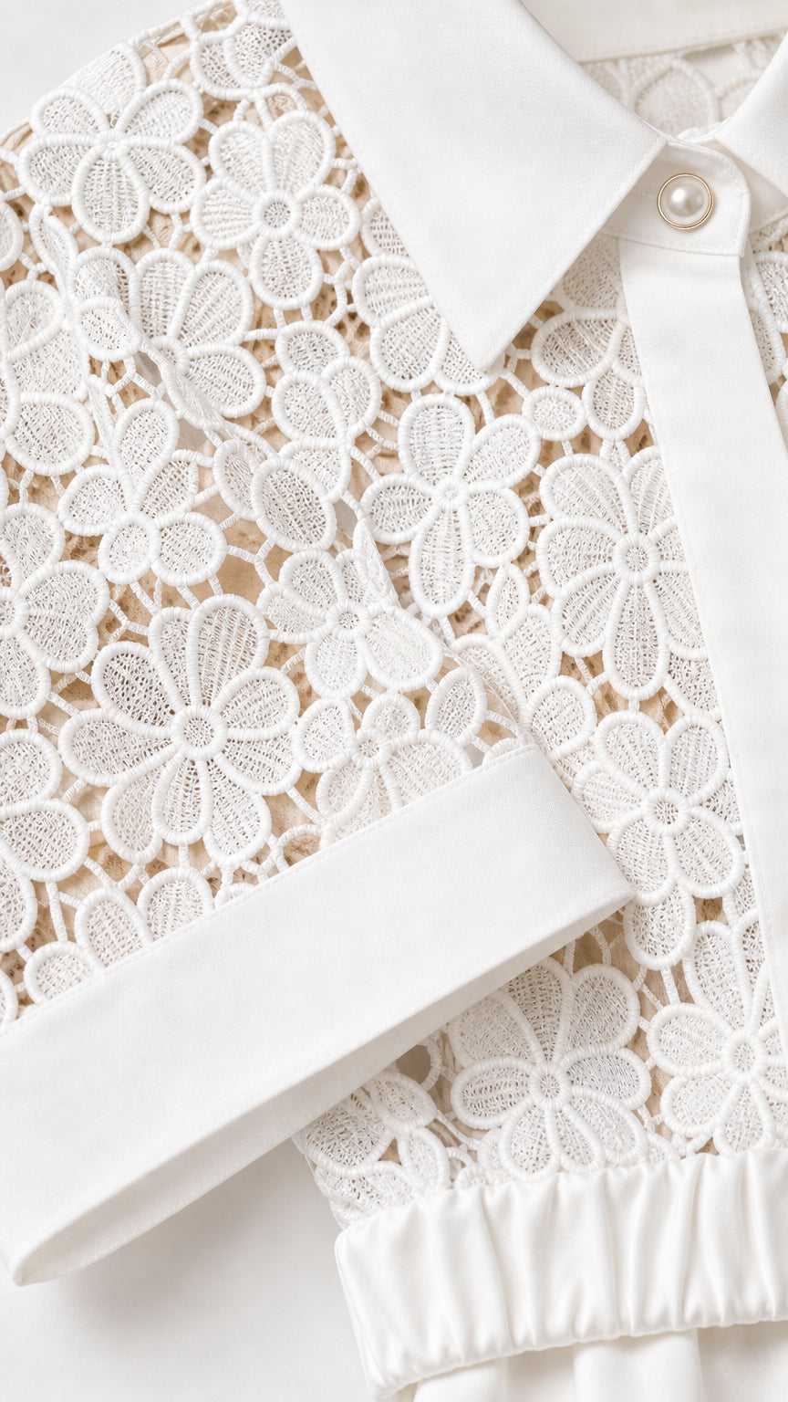 Close-up detail of floral lace texture, pointed collar, and pearlescent button