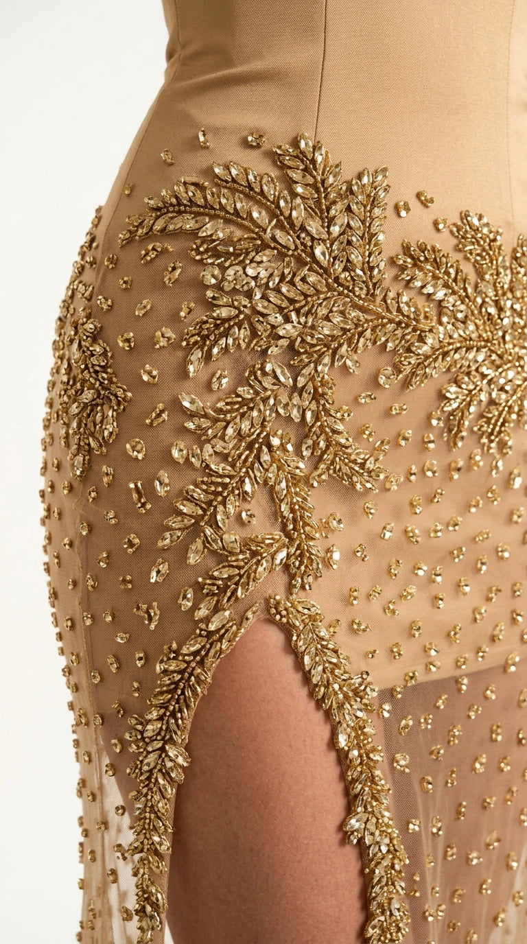 Close-up detail of intricate gold botanical beadwork on the hip and slit of the gown