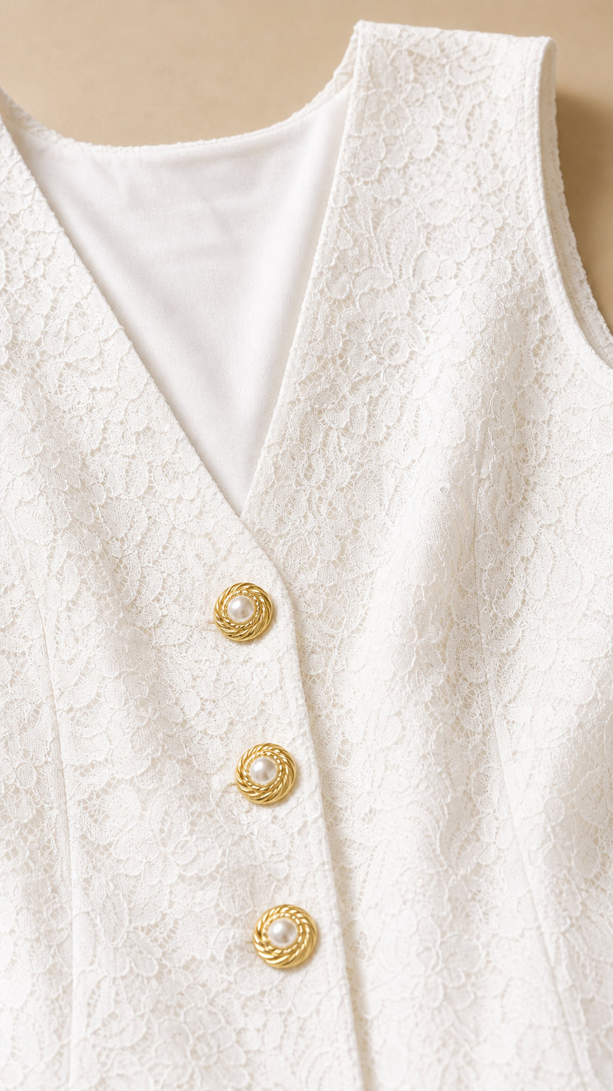 Close-up of white floral lace vest neckline with gold pearl buttons and lining