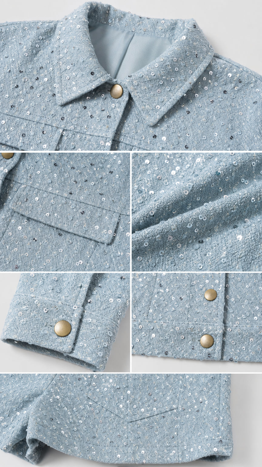 Close-up details of collar, buttons, cuffs, and sequin fabric texture