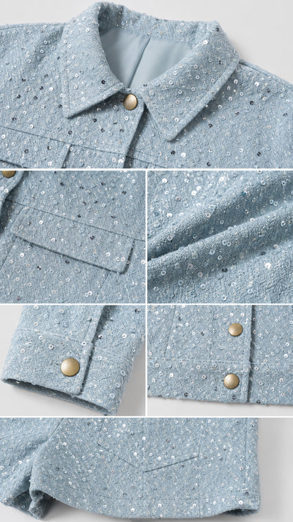 Close-up details of collar, buttons, cuffs, and sequin fabric texture