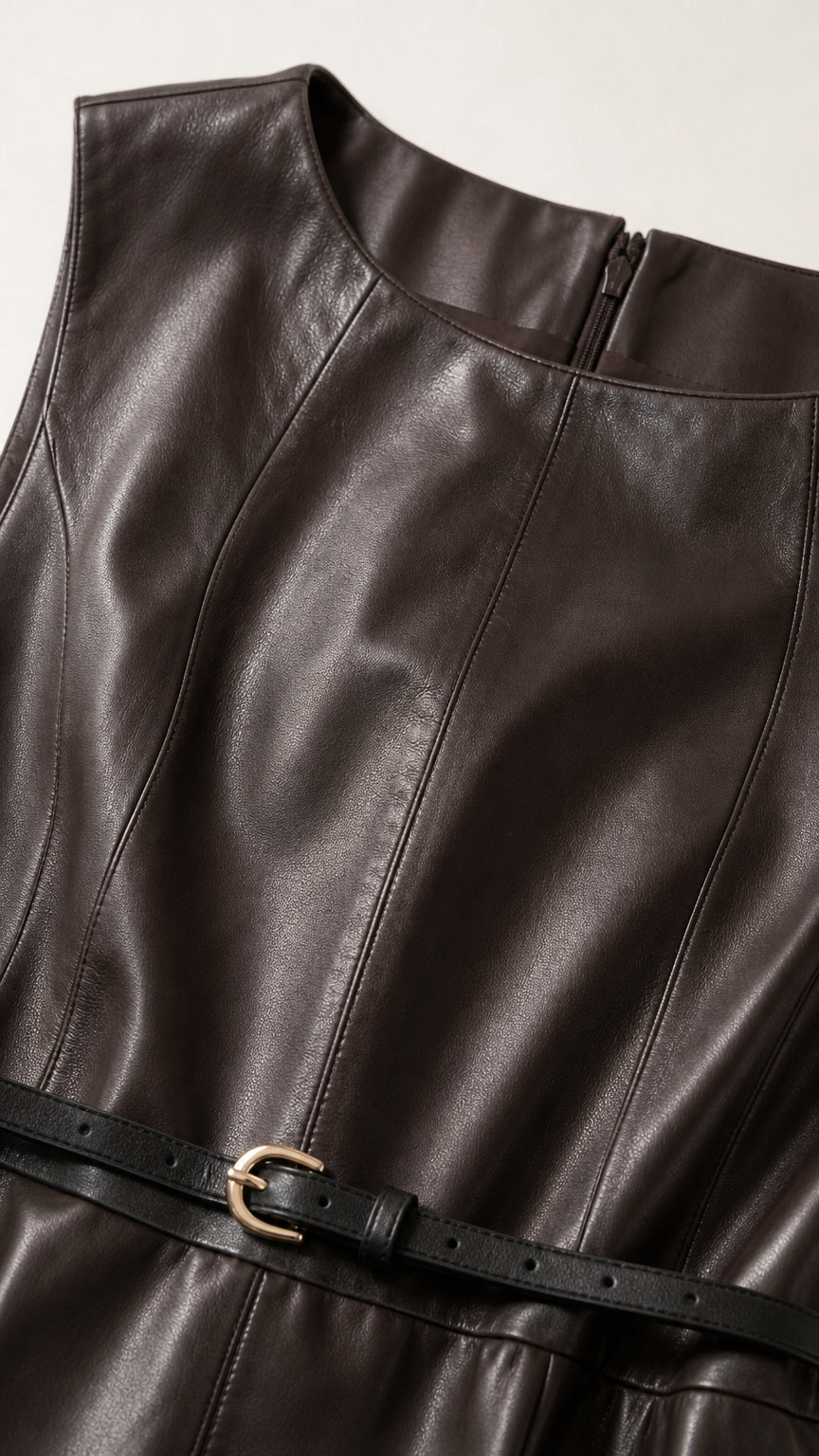 Close-up detail of dark brown faux leather fabric, neckline, seam stitching, and belt