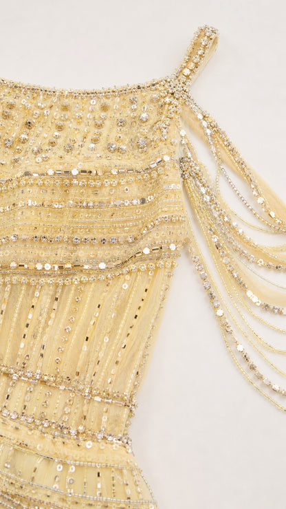 Close-up detail of intricate beadwork, sequins, and shoulder fringe on bodice