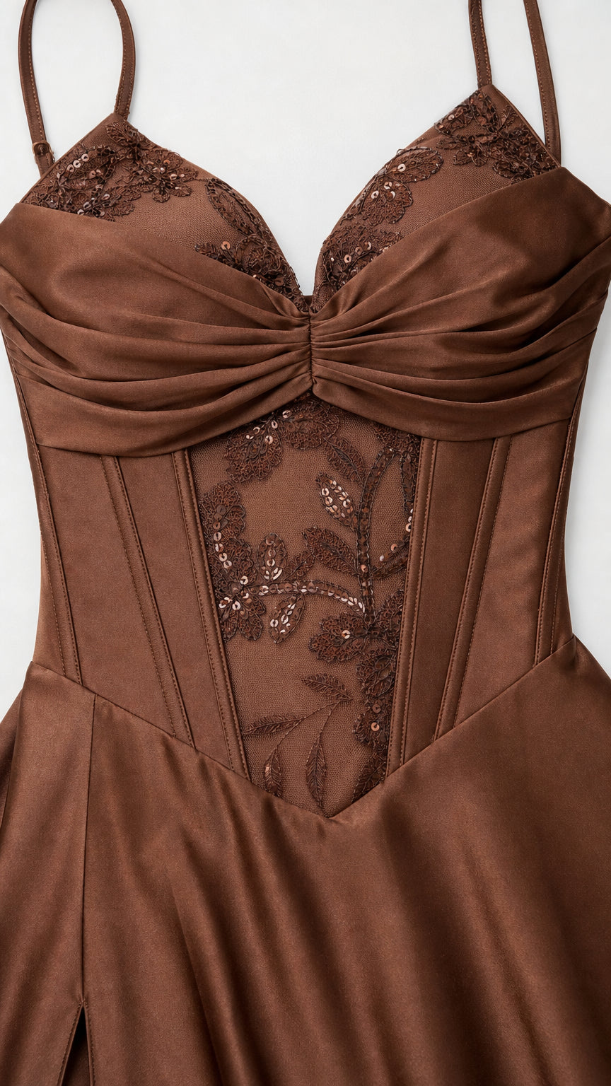 Close-up detail of chocolate brown corset bodice showing boning and sequin embroidery