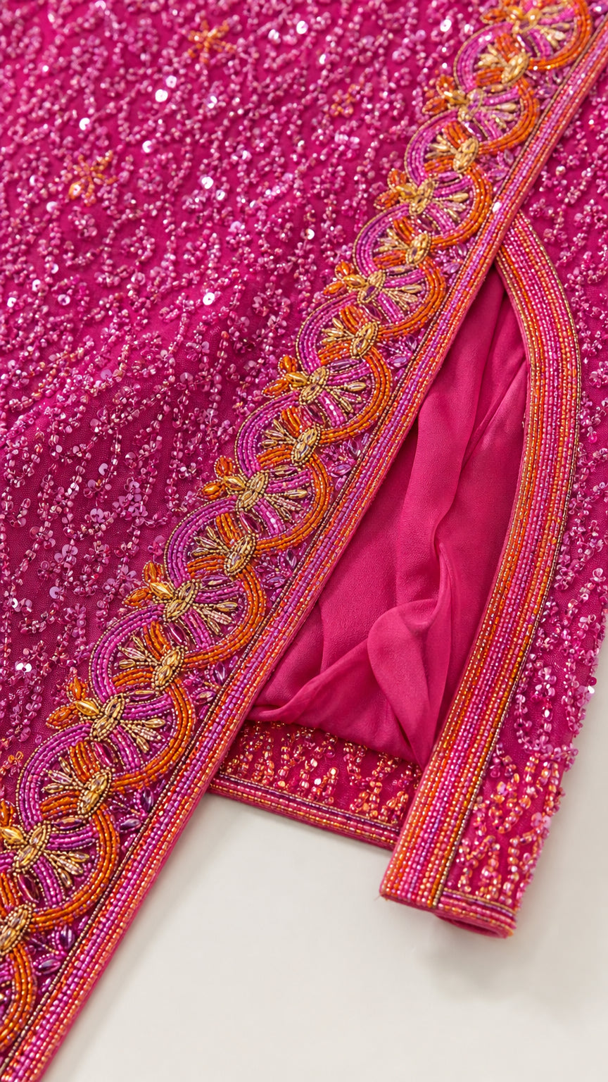 Close-up detail of ornate gold and orange beaded embroidery along the skirt slit lining