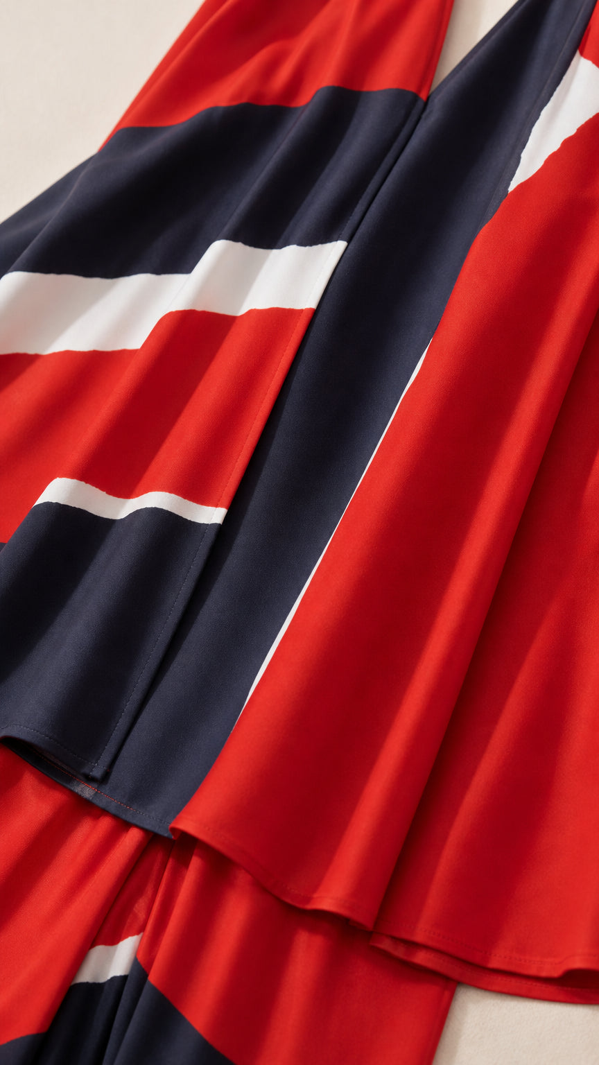 Close-up detail of smooth red, white, and navy color block fabric and pleated draping