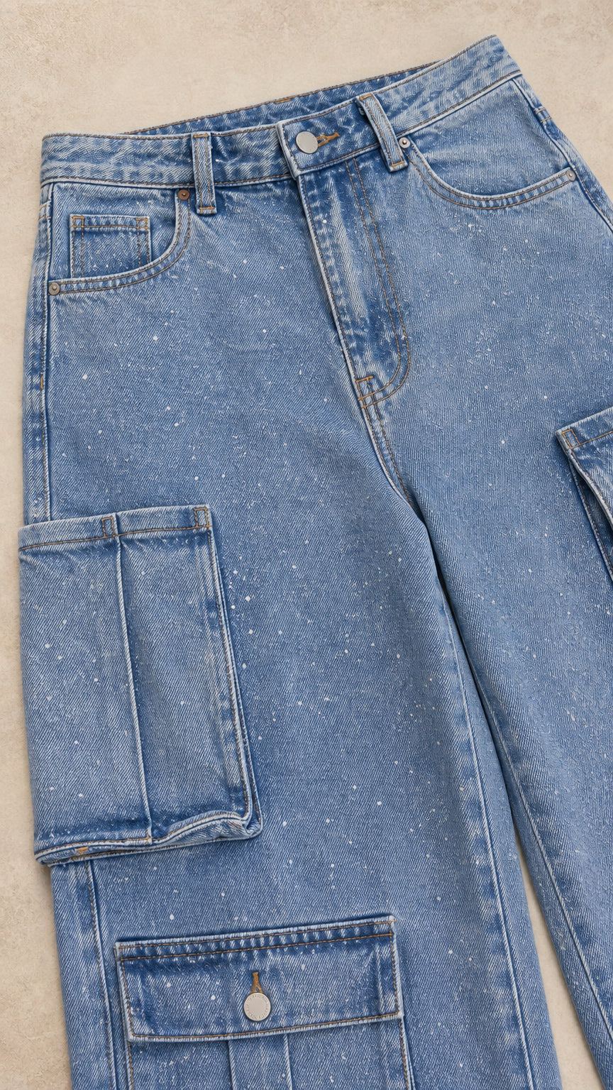 Close-up detail of Light Blue denim fabric, stitching, waist, and tiered cargo pockets