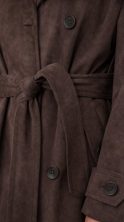 Close-up detail of faux suede fabric, buttons, waist tie, and cuff tab