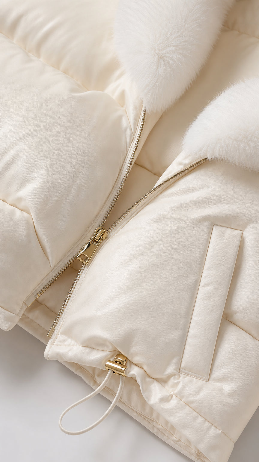 Close-up detail of apparel zipper and toggle hardware