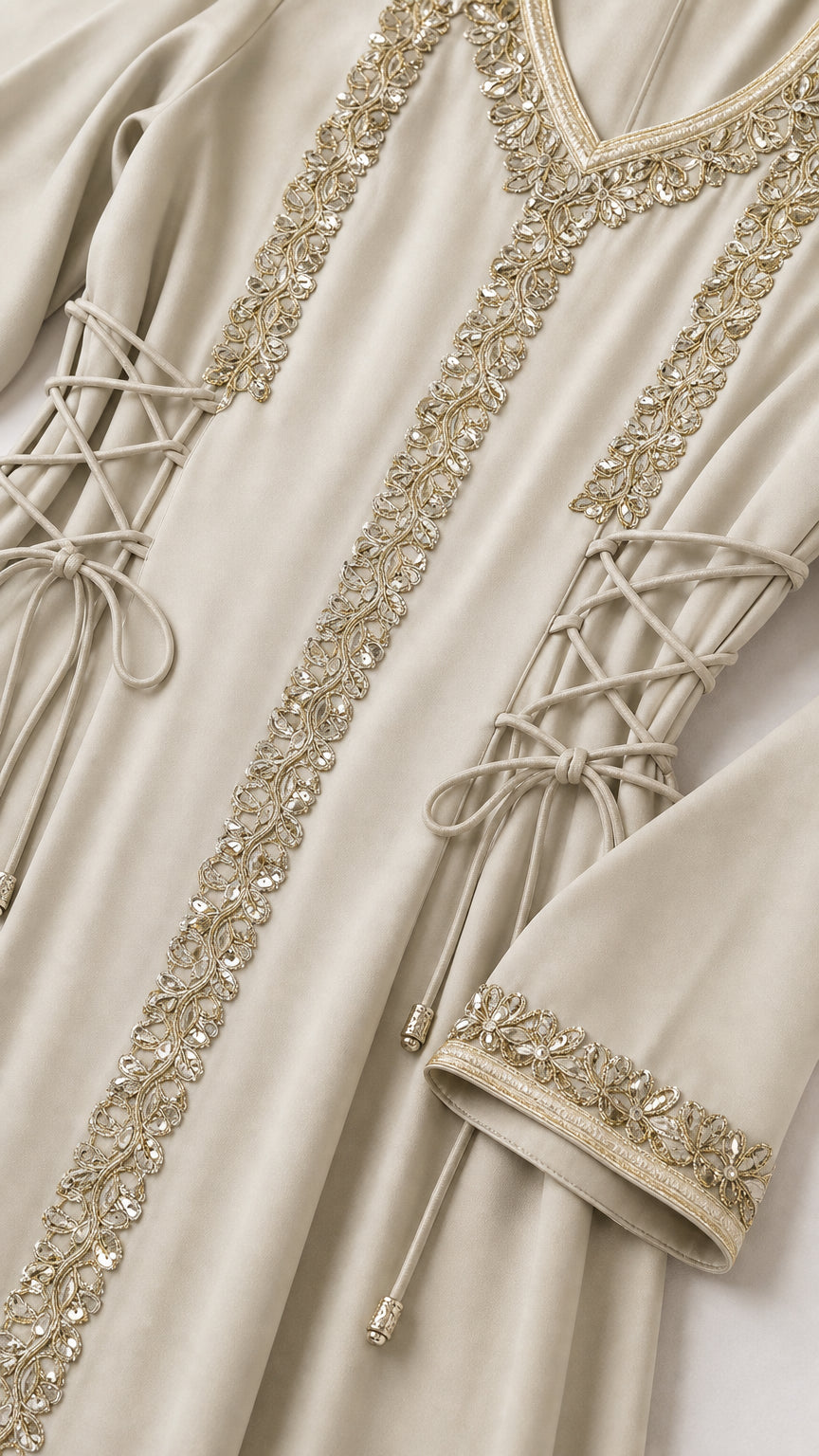 Close-up of gold-tone beaded embroidery and side lace-up cords on dress