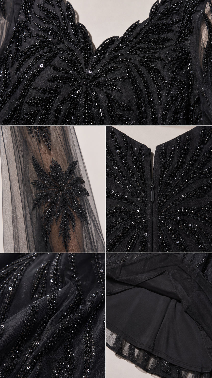 Close-up detail shots showing intricate sequin embroidery, cape sleeve, back zipper, and hem lining