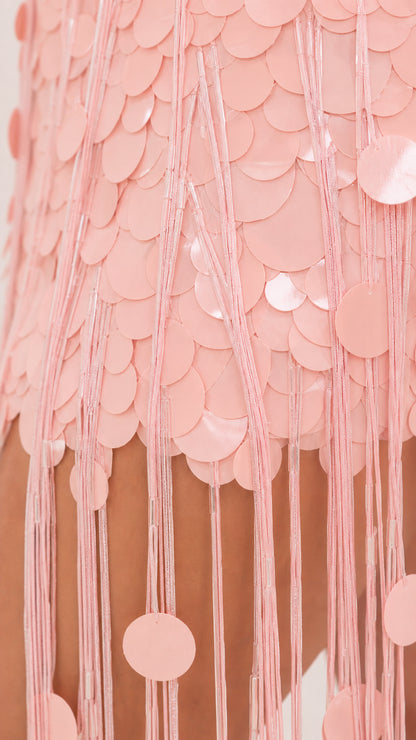 Close-up detail of shimmering pink disc paillettes and dangling tassels