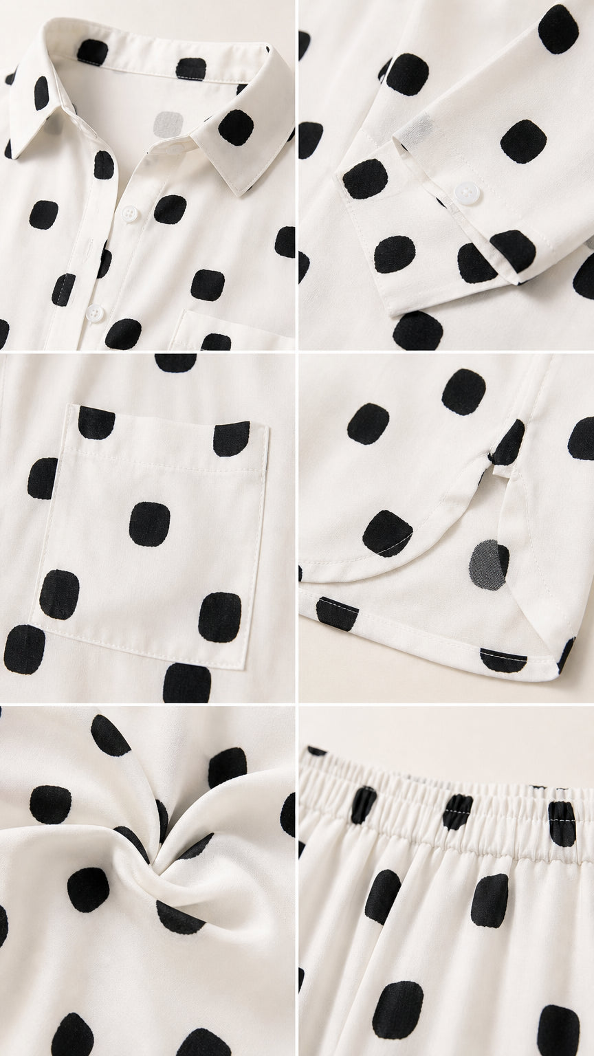 Detailed close-up views of collar, cuff buttons, chest pocket, side slit, and elastic waistband