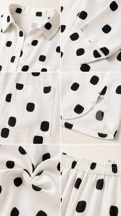 Detailed close-up views of collar, cuff buttons, chest pocket, side slit, and elastic waistband
