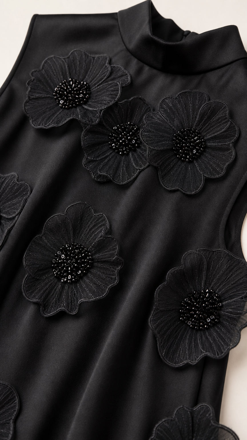 Close-up of 3D floral appliques with beaded centers on Black maxi dress