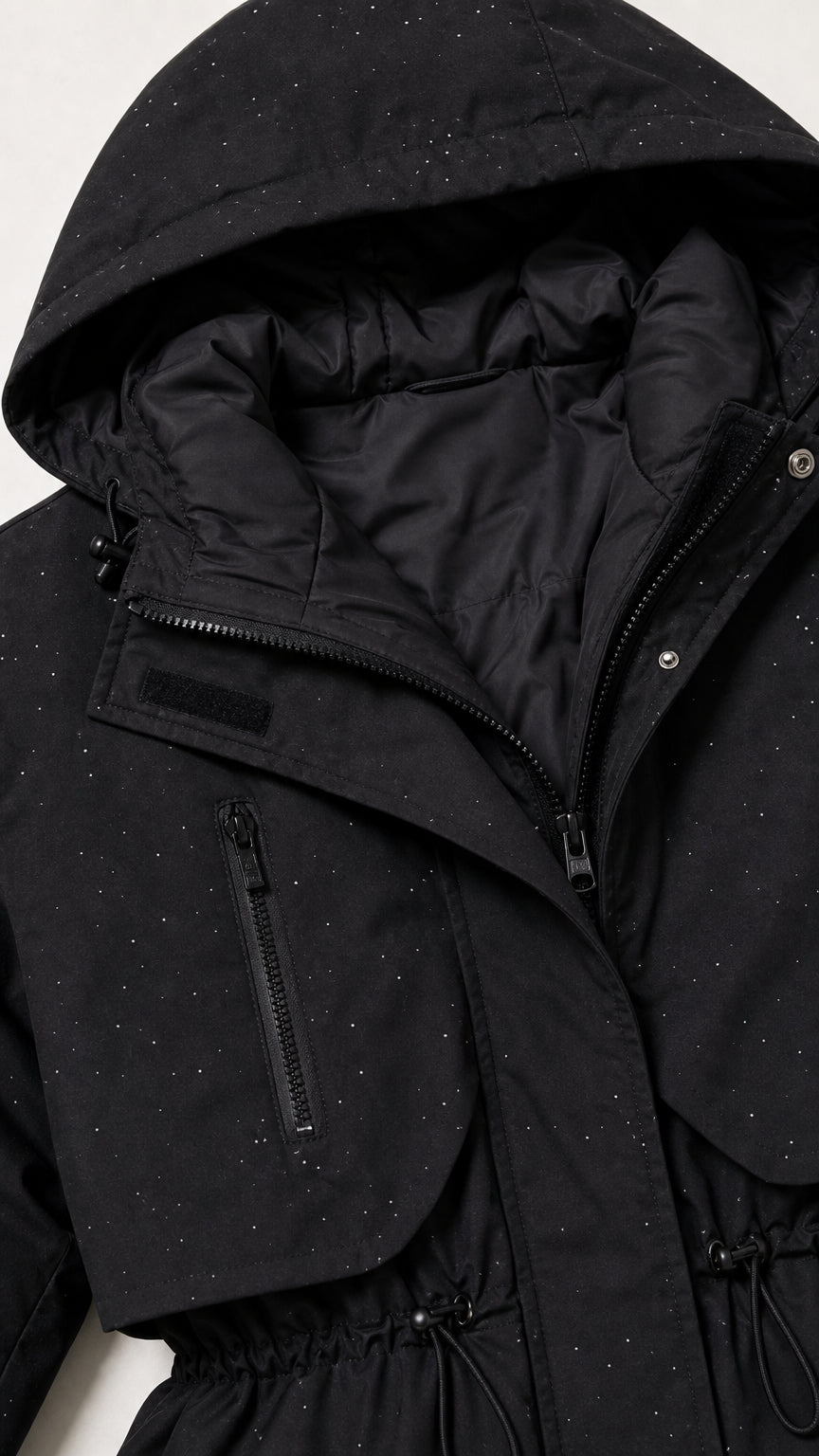 Close-up detail of black parka showing hood lining, zipper placket, and subtle speckle print