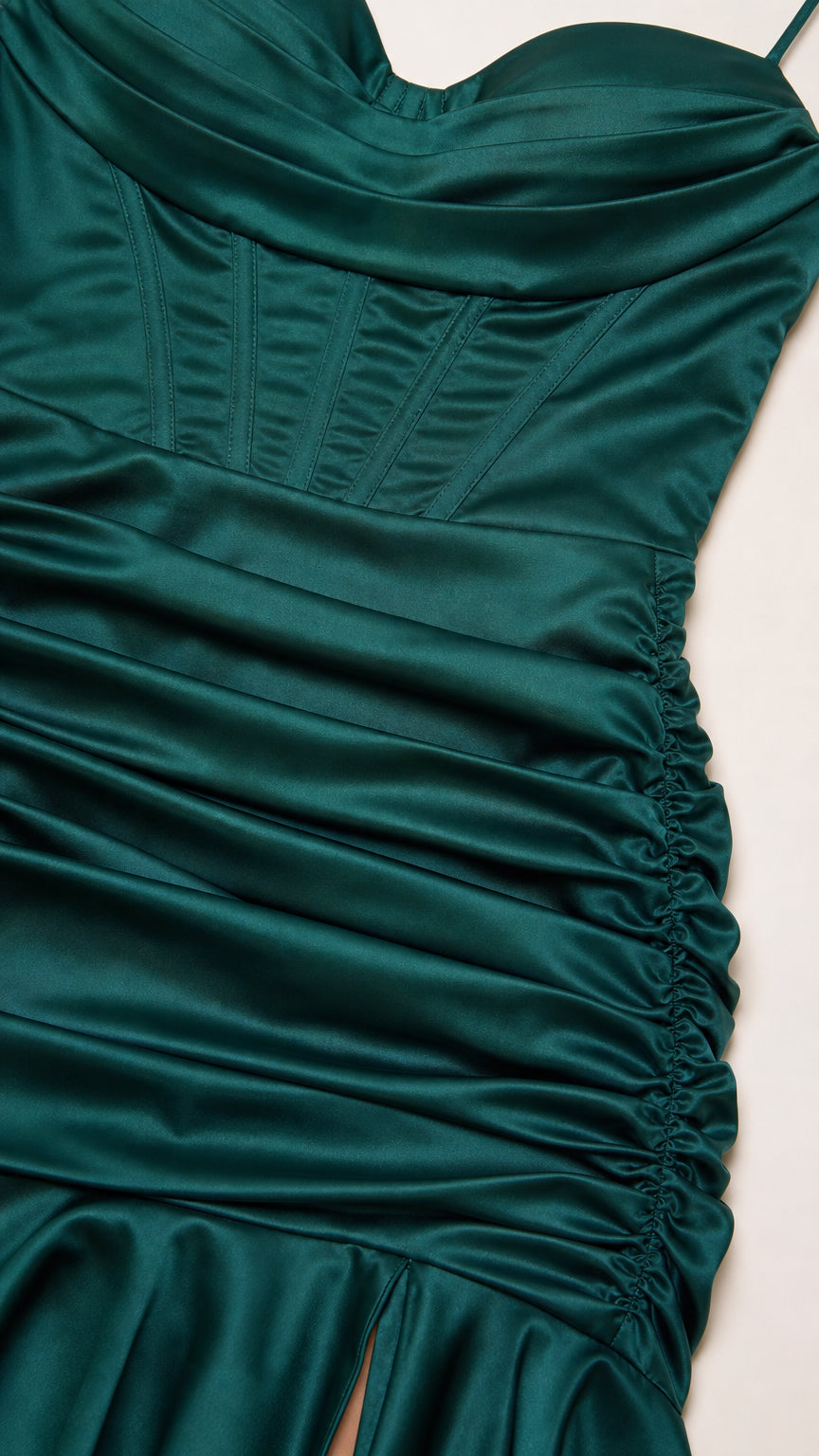 Close-up detail of emerald green corset boning and ruched satin fabric