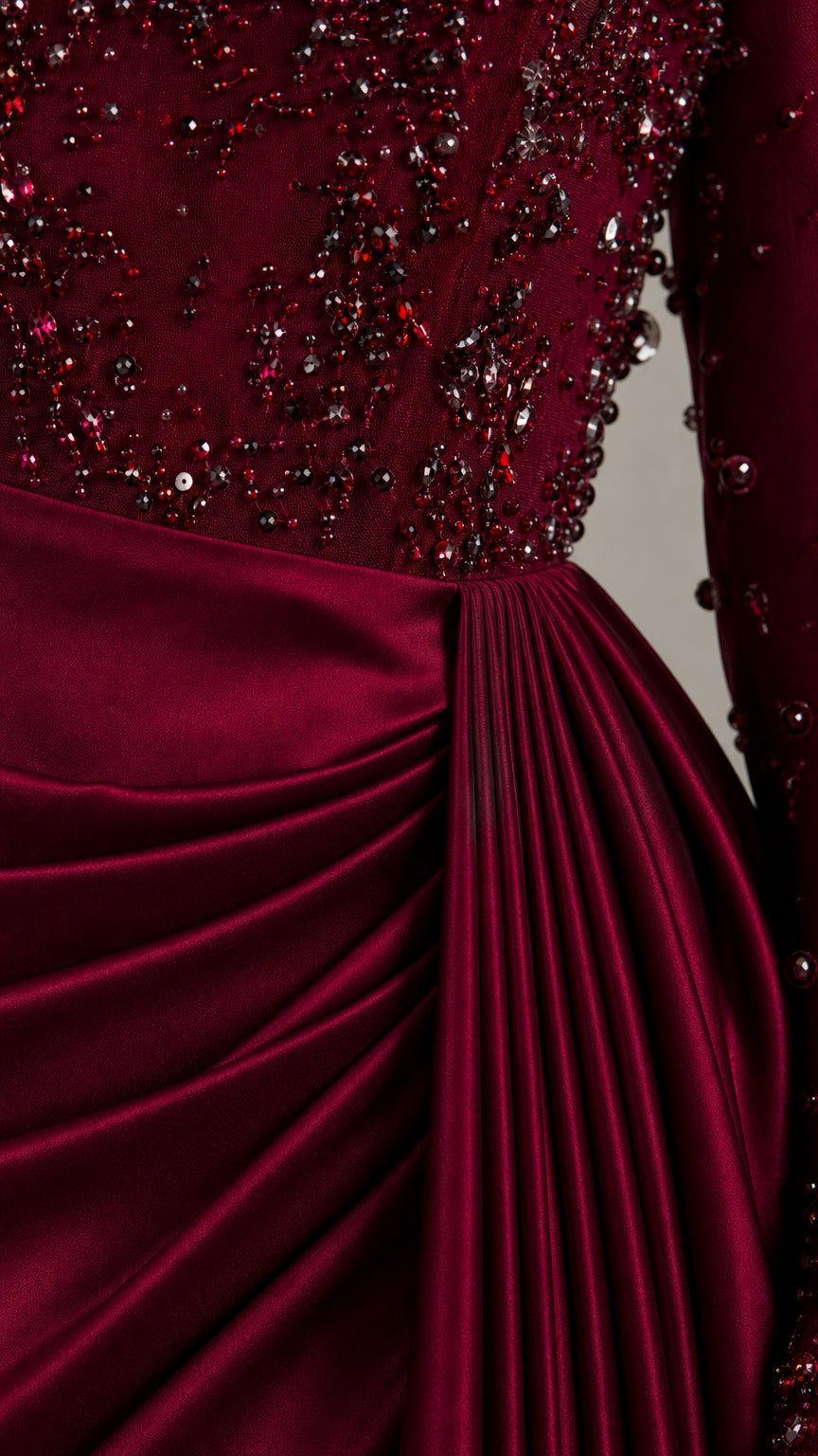 Detailed close-up of intricate burgundy beading, sequins, and side pleated satin waistband