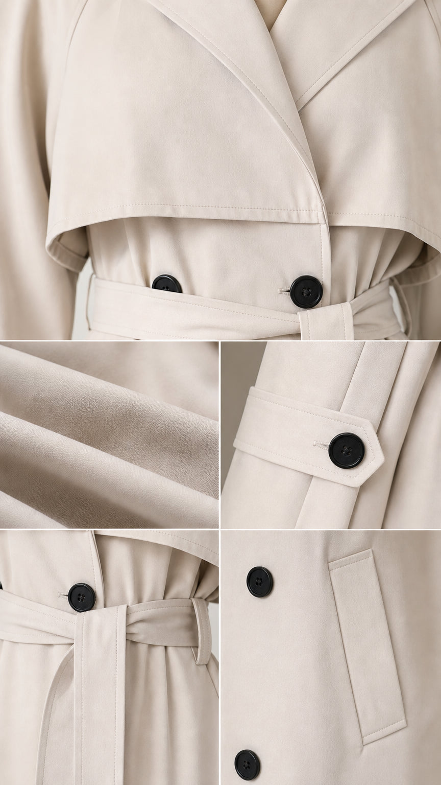 Detailed close-up views of lapel storm flap, smooth fabric texture, cuff button, and waist belt