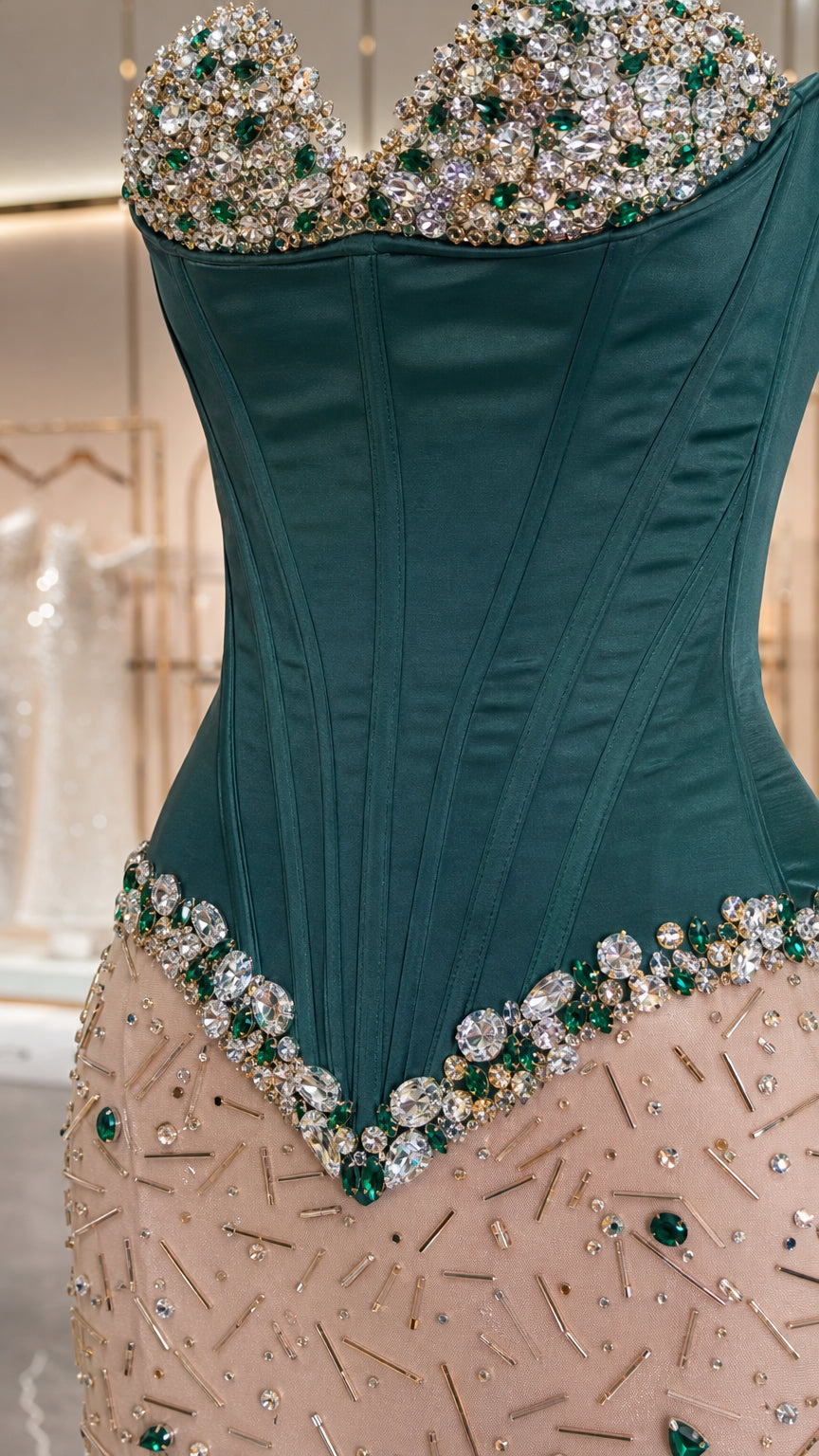 Close-up detail of emerald green corset bodice with crystal bust and waist embellishments