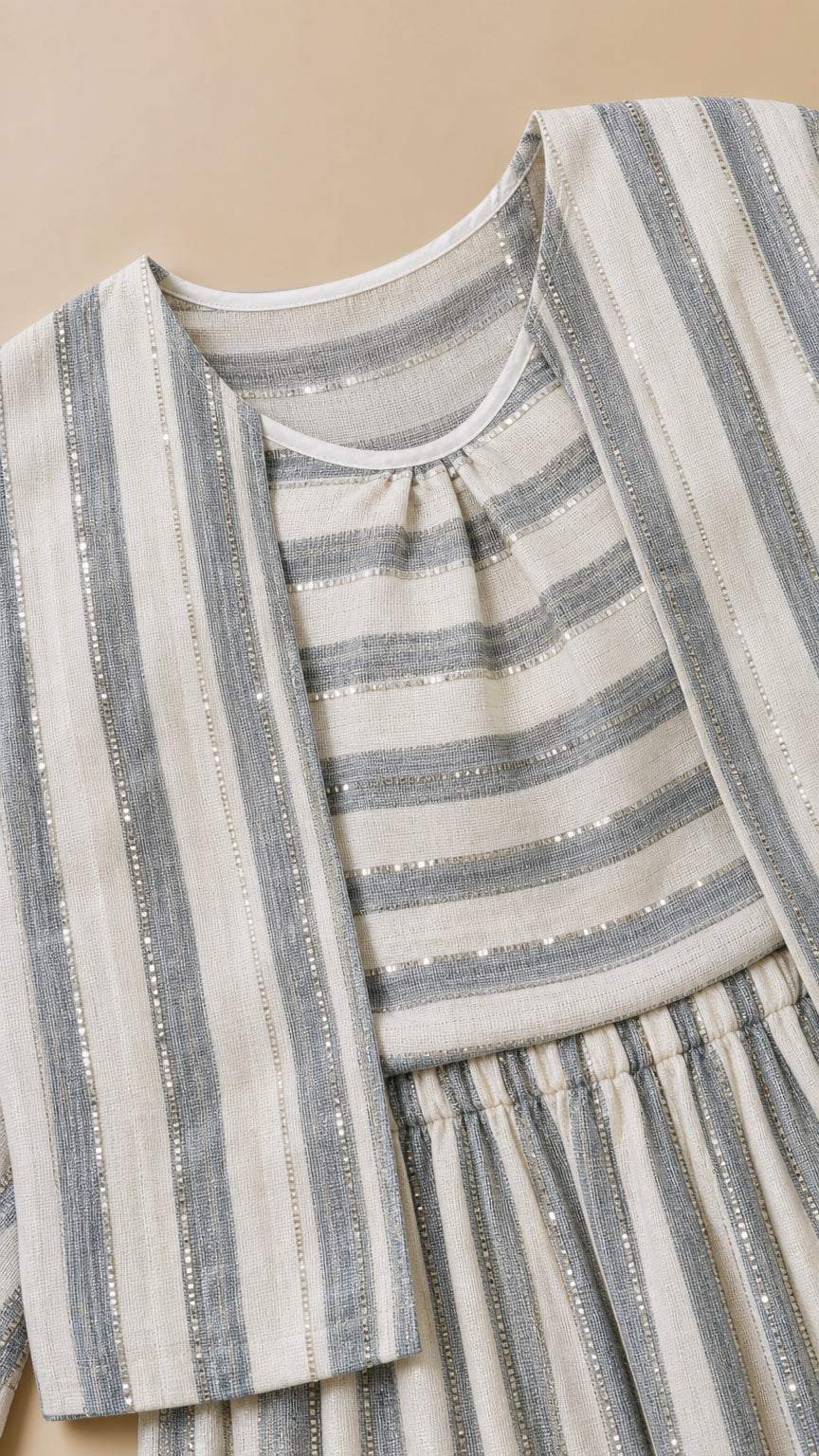 Close-up detail of grey stripe fabric texture with subtle metallic shimmer