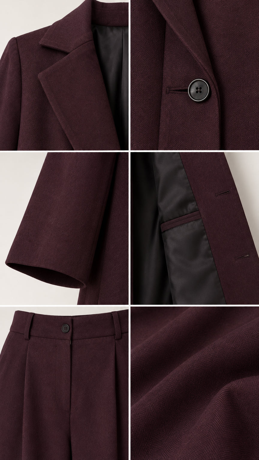 Close-up details of lapel, buttons, lining, and pleated waistband on Burgundy suit